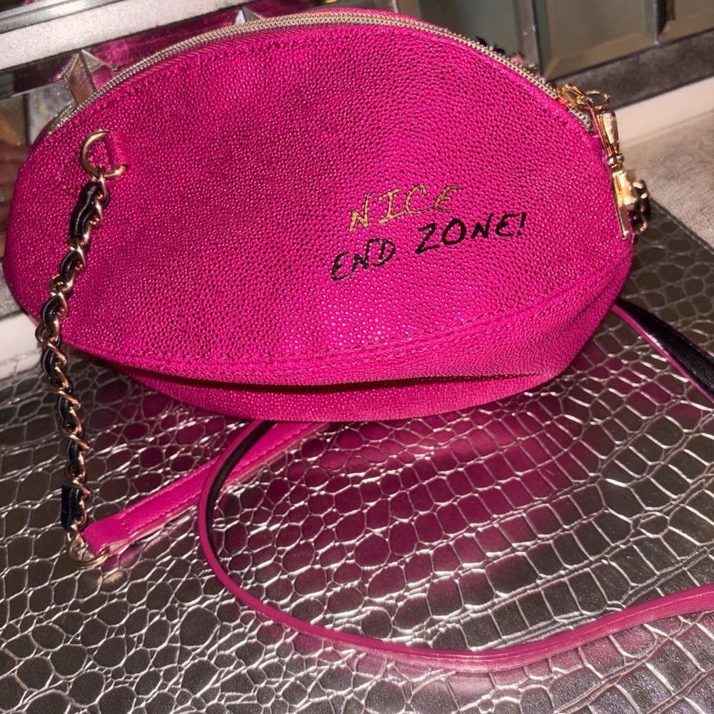 Betsey Johnson Pink Football purse  with Sparkly Pom-Poms - Picture 8 of 11